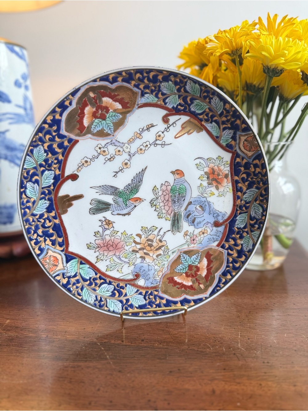 Decorative Blue and Multicolor Porcelain Art Plate with Bird Motif